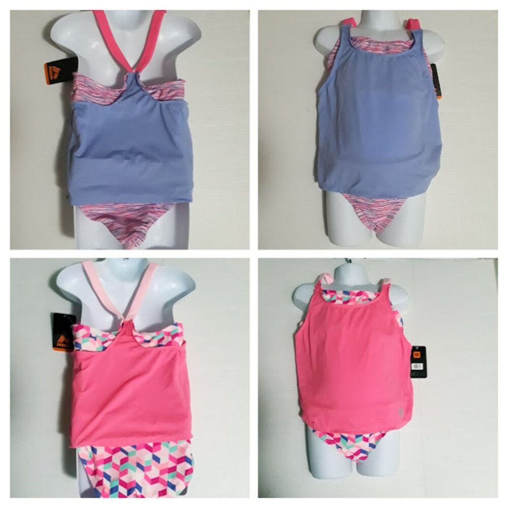 Youth Girls RBX Active Tankini Purple Pink 2 Piece Swimsuits (Size Medium)